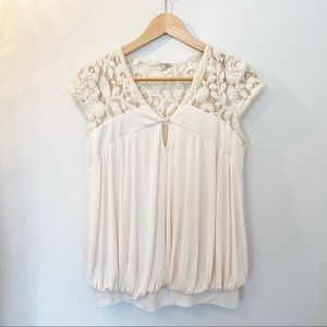 Anthropologie Ivory Floral-Netted Cap Sleeve Top S